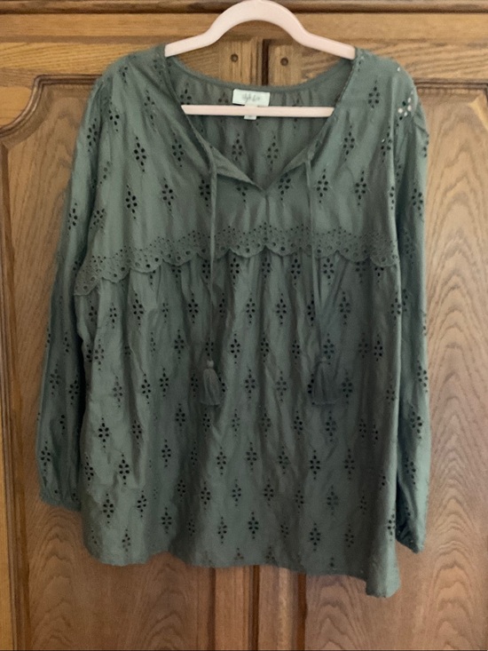 Style & Co. Tops - Style & Co. Olive Eyelet Peasant Blouse with Tassel Tie